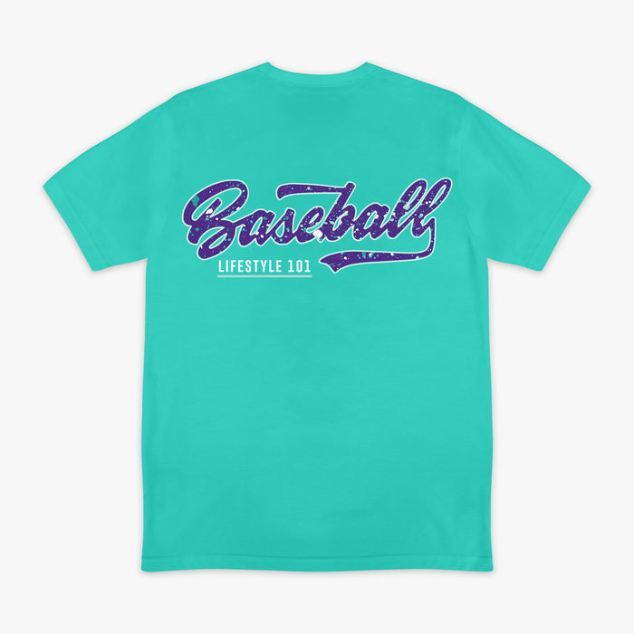 Teal t-shirt with 'Baseball Lifestyle 101' text on the back against a white background