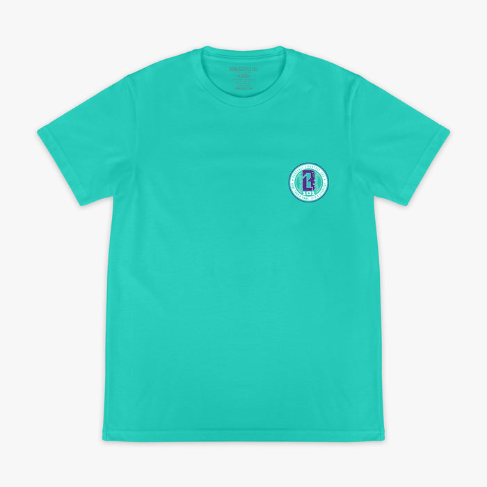 Teal t-shirt with a BL101 logo on the chest against a white background