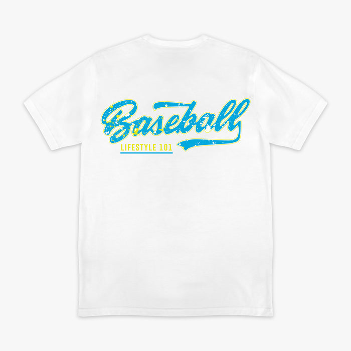 White t-shirt with blue and yellow 'Baseball Lifestyle 101' text on a white background