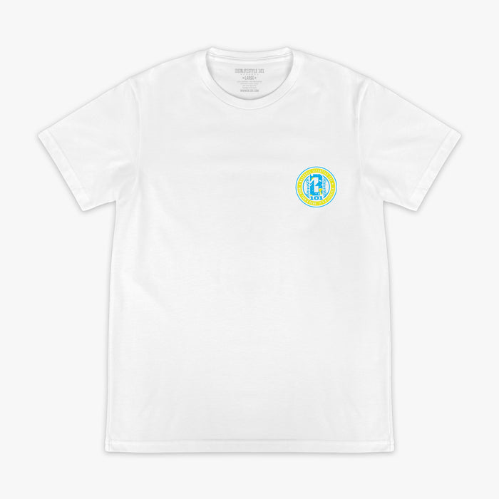 White t-shirt with a small BL101 logo on the chest against a white background