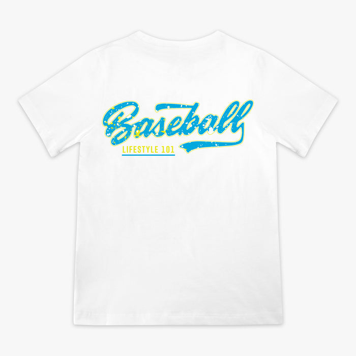 White t-shirt with blue and yellow 'Baseball Lifestyle 101' text on a white background