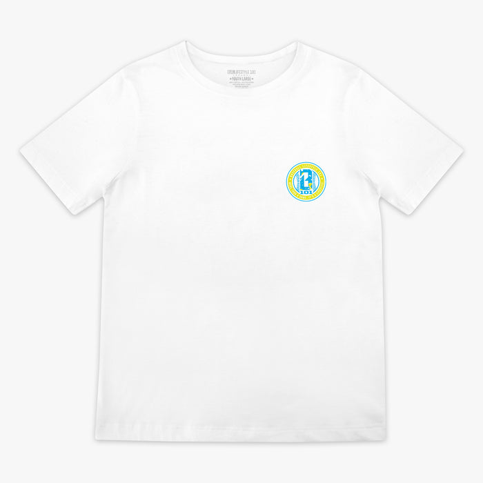 White t-shirt with a colorful BL101 logo on a white background