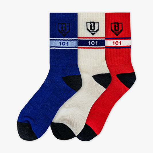 Adult model wearing red, white & blue socks with "Stadium Performance  3-Pack" design