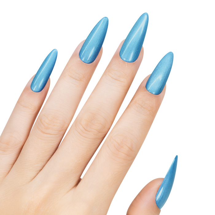 Hand with blue nail polish on a white background