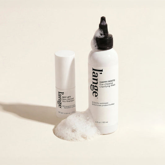 Sky Lift Non-Aerosol Dry Shampoo and Happy Roots Pre-Cleanse Clarifying Wash bundle, on beige background