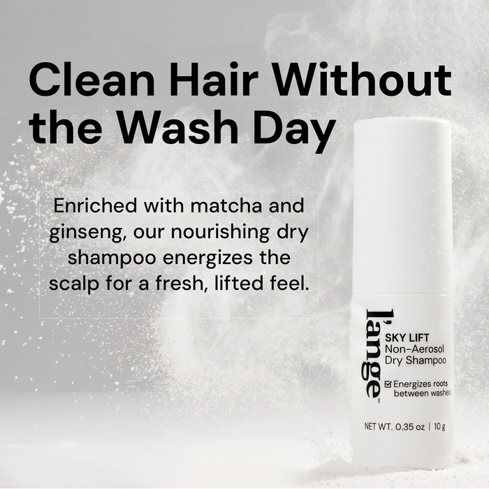 "Clean Hair Without the Wash Day" text beside Sky Lift Non-Aerosol Dry Shampoo bottle with powder texture background. Text follows "Enriched with matcha and ginseng, our nourishing dry shampoo energizes the scalp for a fresh, lifted feel"