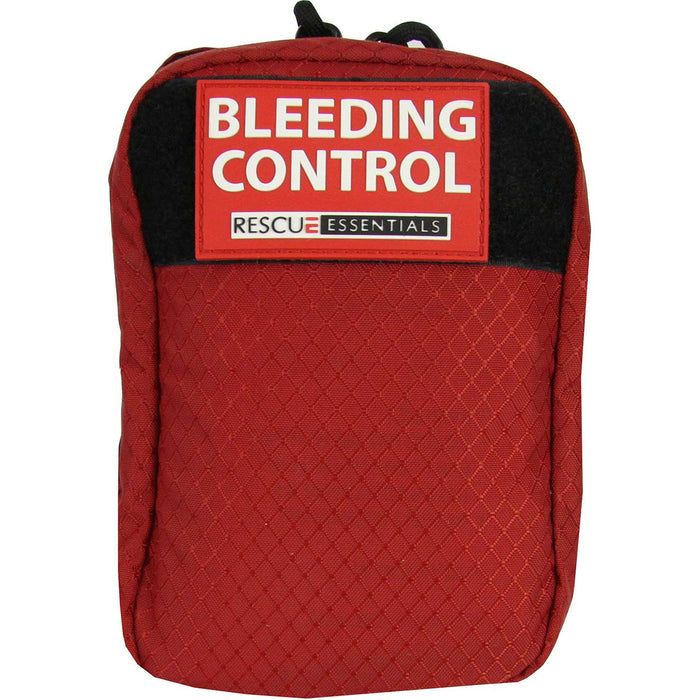 Bleeding Control Station IFAK - Advanced pouch containing Stop the Bleed products, packed in a closed, red, nylon pouch, front