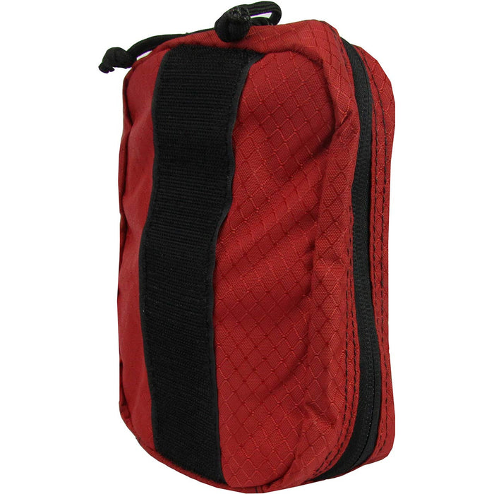 Bleeding Control Station IFAK -  Advanced pouch containing Stop the Bleed products, packed in a closed, red, nylon pouch, back, showing Velcro strip