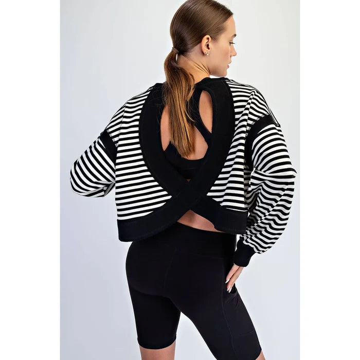 Striped Terry Long Sleeve Open Back top -Black/White
