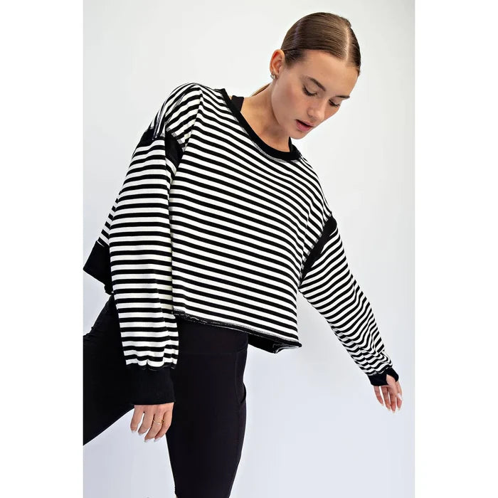 Striped Terry Long Sleeve Open Back top -Black/White