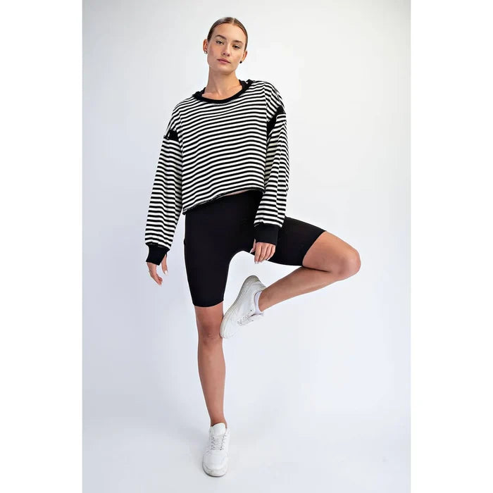 Striped Terry Long Sleeve Open Back top -Black/White