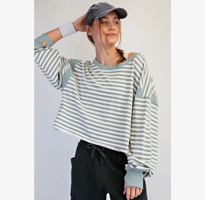 Striped Terry Long Sleeve Open Back top -Mint