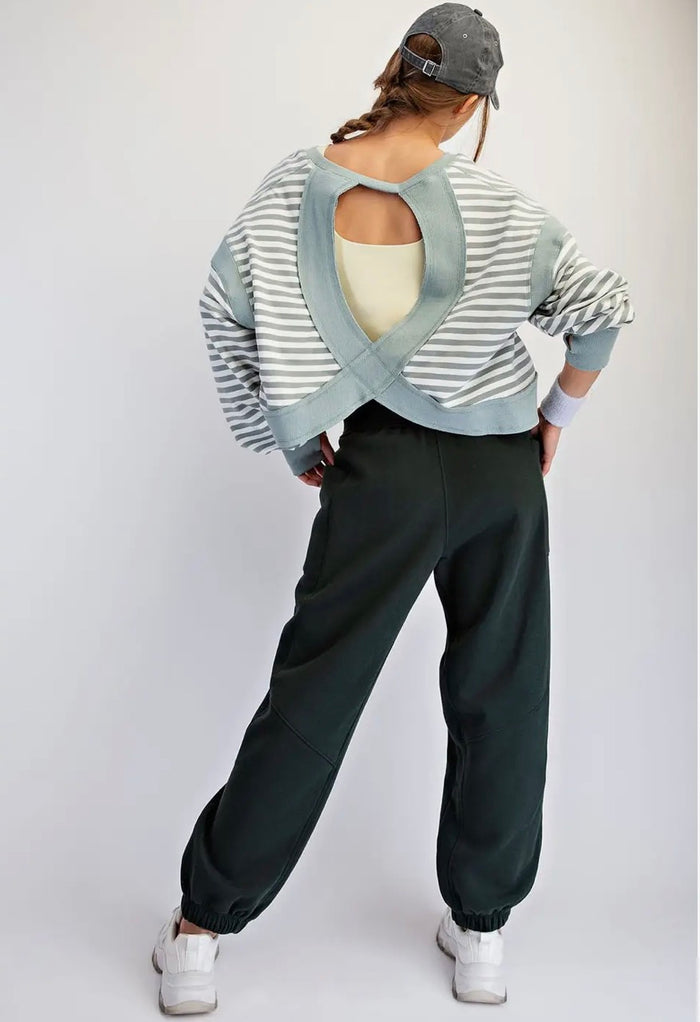 Striped Terry Long Sleeve Open Back top -Mint