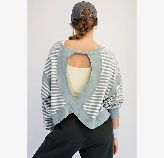 Striped Terry Long Sleeve Open Back top -Mint