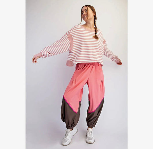 Striped Terry Long Sleeve Open Back top -Pink