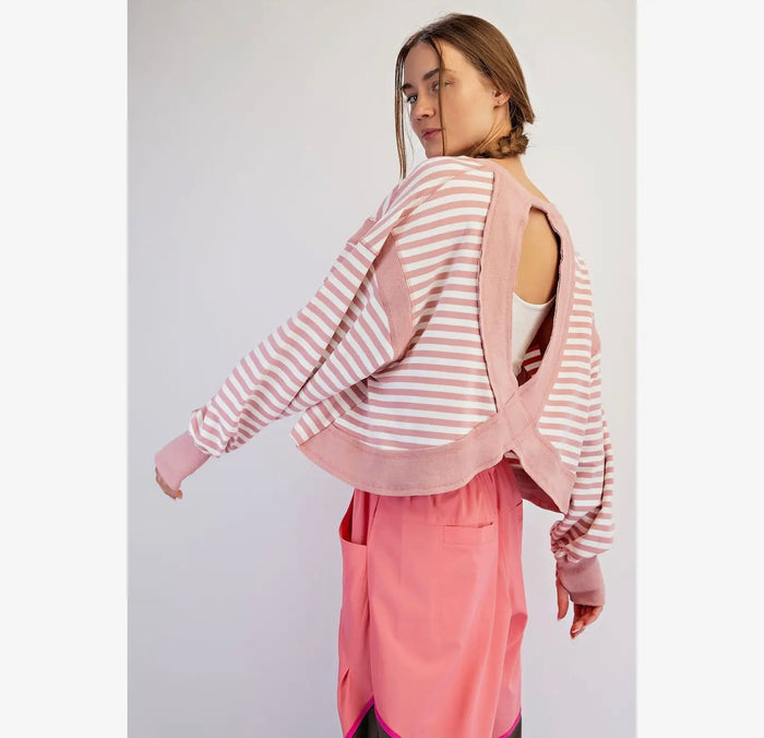 Striped Terry Long Sleeve Open Back top -Pink