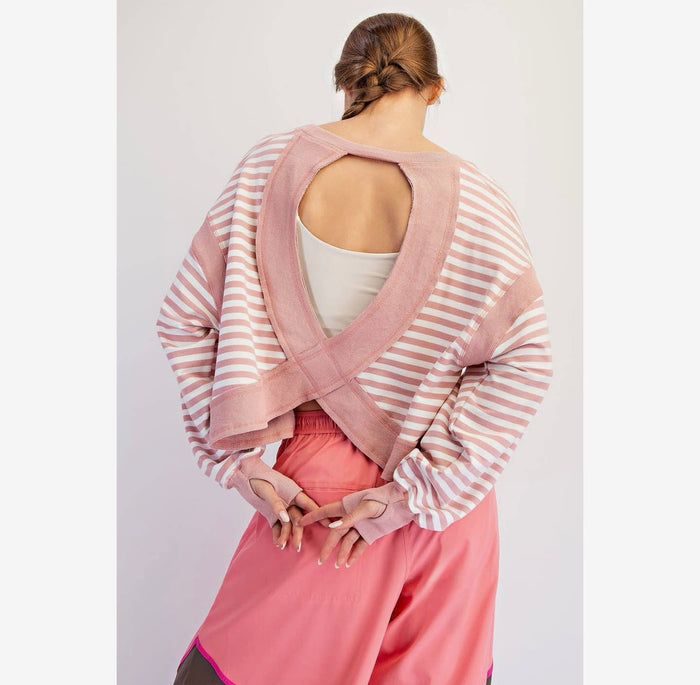 Striped Terry Long Sleeve Open Back top -Pink