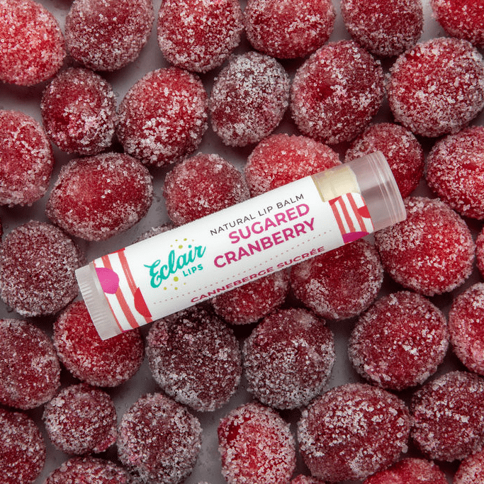 Sugared cranberry lip balm on sugared cranberries