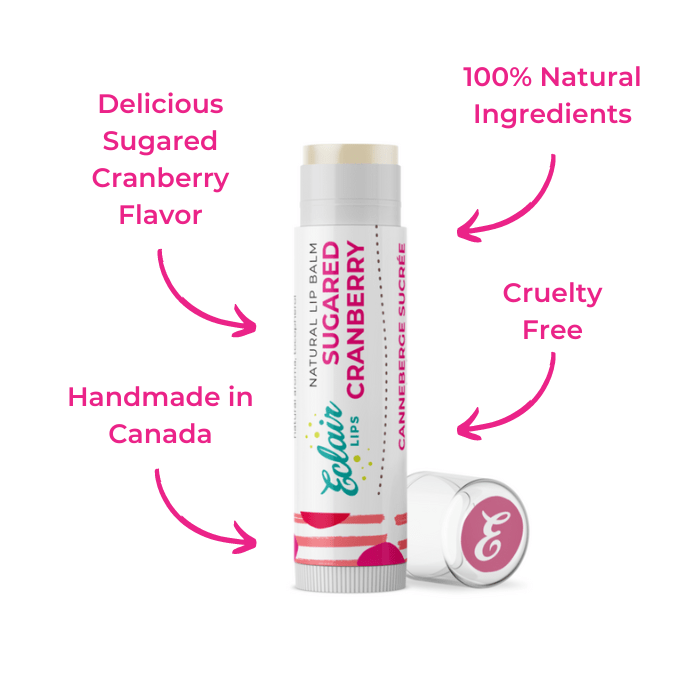 Lip balm tube labeled Sugared Cranberry with text callouts.