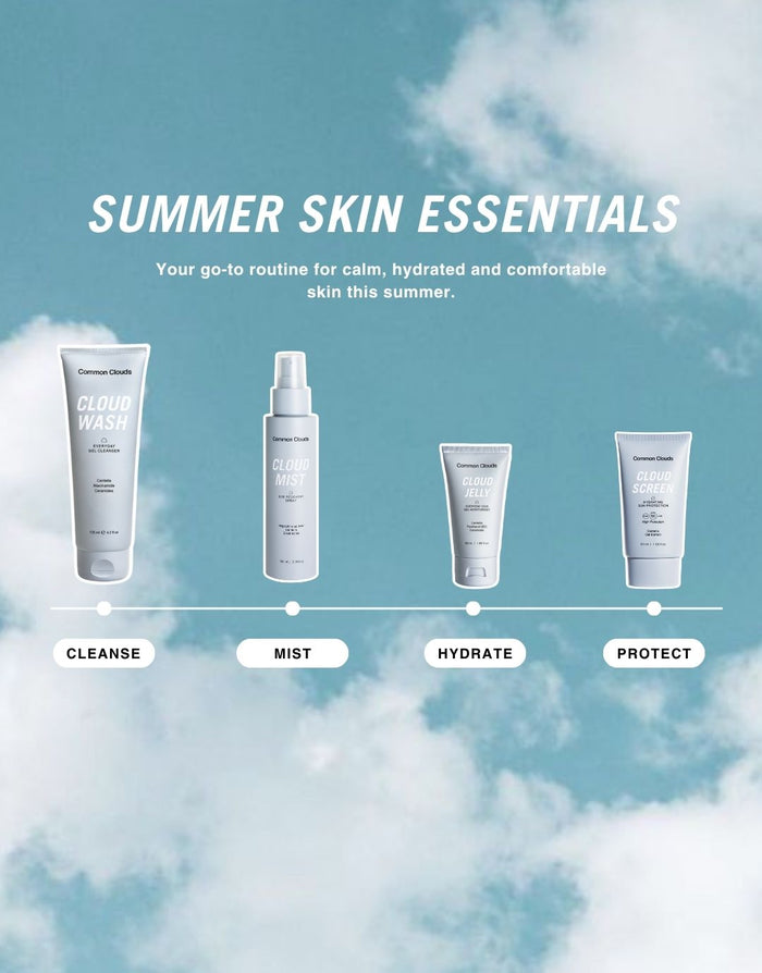 Skincare products with 'Summer Skin Essentials' text on a cloud-themed background