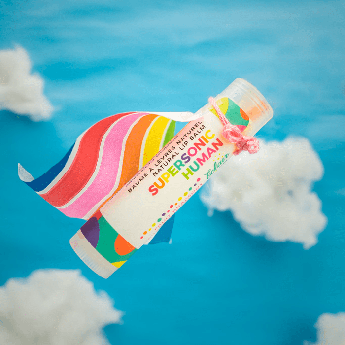 Supersonic Human lip balm with rainbow cape