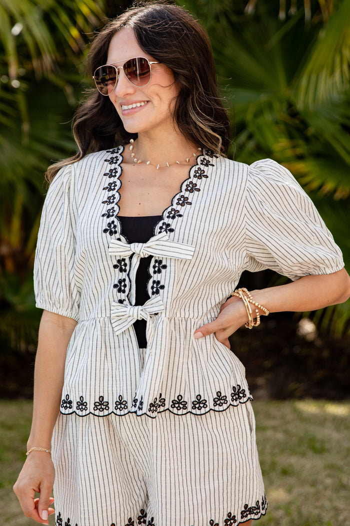 Sweet Stroll Off White Striped Embroidered Blouse