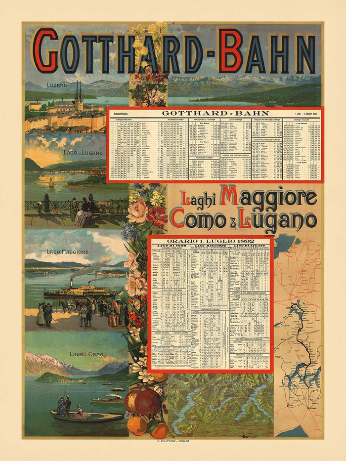 Swiss-Italian Lakes Travel Poster: Gotthard-Bahn, Laghi Maggiore, Como und Lugano by Gabriele Chiattone, 1892