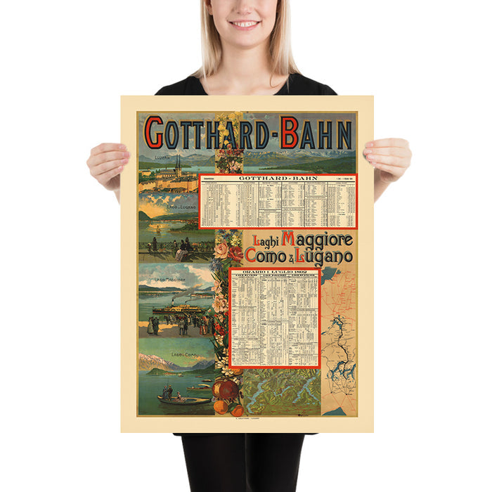 Swiss-Italian Lakes Travel Poster: Gotthard-Bahn, Laghi Maggiore, Como und Lugano by Gabriele Chiattone, 1892