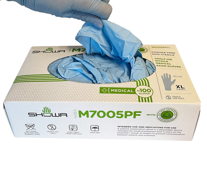 Nitrile Gloves, Box of 100 opened with gloves being pulled out
