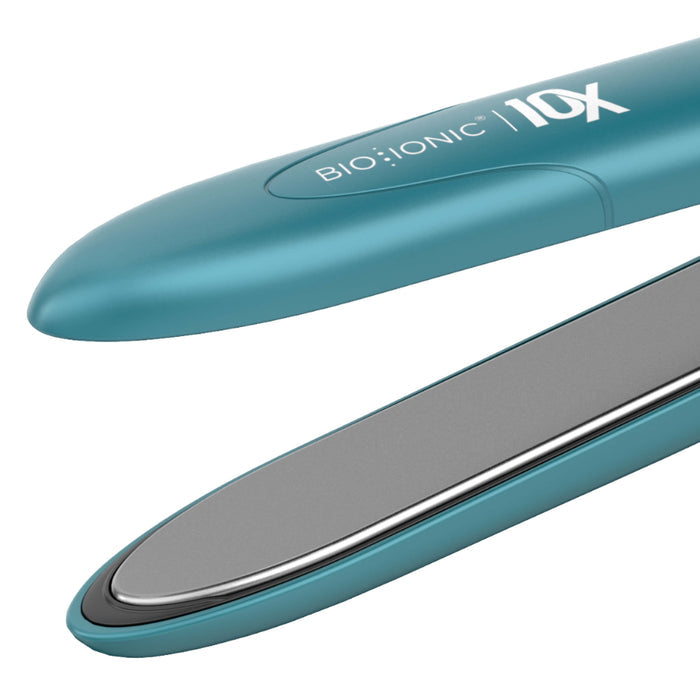 Teal hair straightener with 'Bio Ionic' branding on a white background