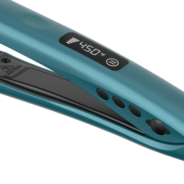 Teal hair straightener with digital temperature display on a white background