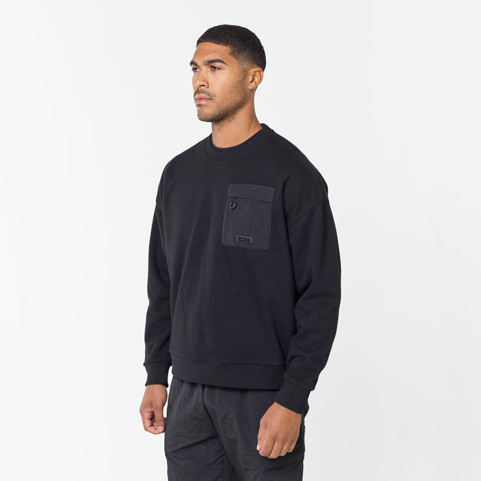 Men's  Black Tech Zip Pocket Crew Sweat Closure London  Front View