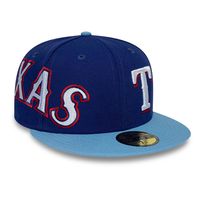 Pictured is this MLB Multi Logo Texas Rangers 59FIFTY Fitted cap in dark blue. 5