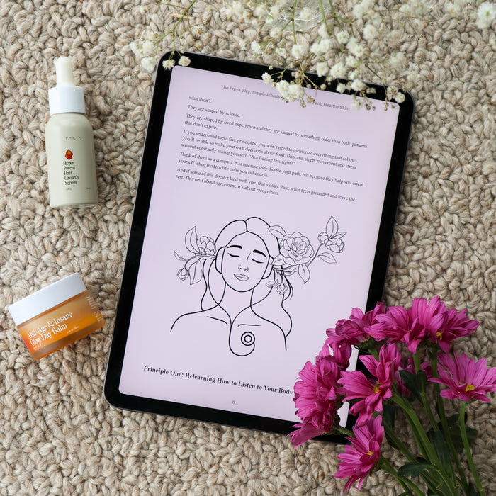 'The Frøya Way' book page with a botanical line drawing and flowers