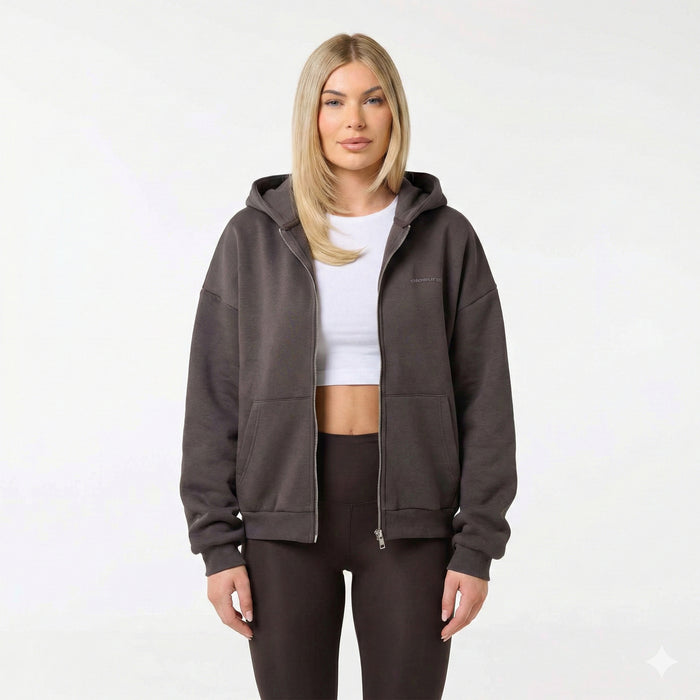 Tonal Core Logo Zip Hoodie | Dark Coffee