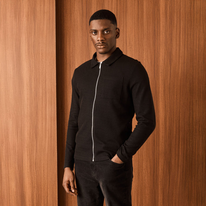 Tonal Knit Zip Overshirt | Black