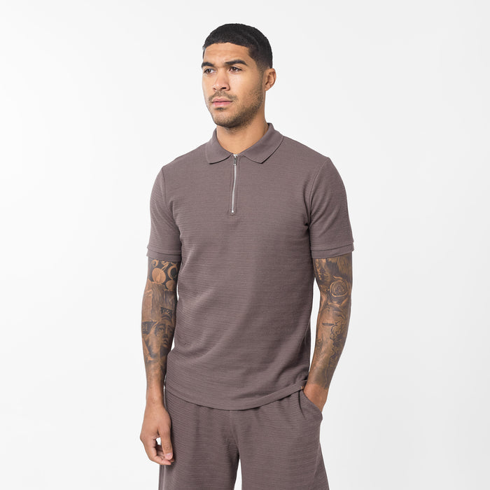 Men's  Brown Tonal Knit Zip Polo  Closure London  Front View