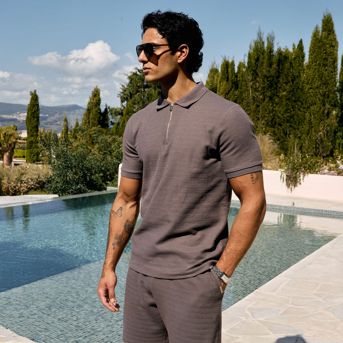 Tonal Knit Zip Polo | Brown