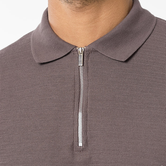 Tonal Knit Zip Polo | Brown