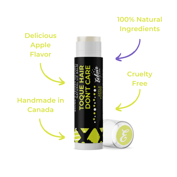 Eclair Apple lip balm with Toque Hair Don't Care label, natural ingredients.