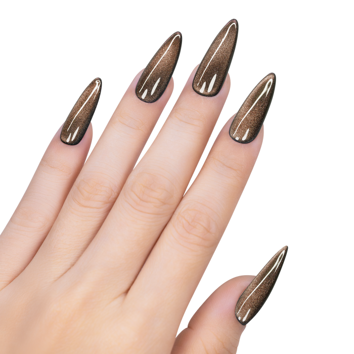 Hand with long, pointed nails painted in a brown color on a white background