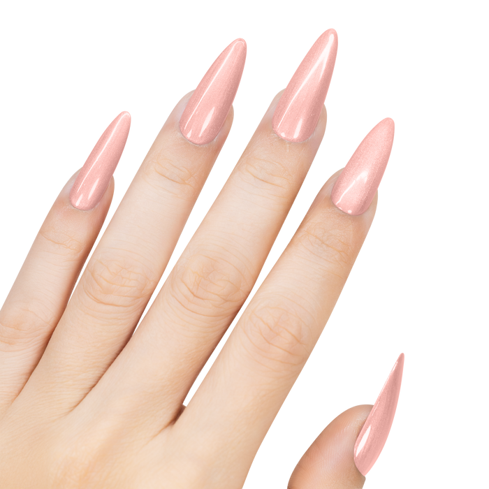 Hand with pink nail polish on a white background