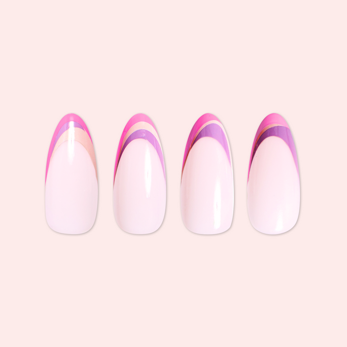 Twisted French - Press-On | Long | Almond showing long almond false nails with pink and purple curved twist manicure design