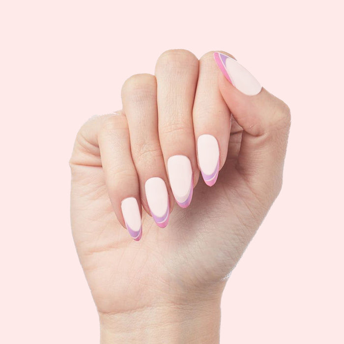 Twisted French - Press-On | Long | Almond showing hand with long almond false nails in soft pink with purple twist design manicure