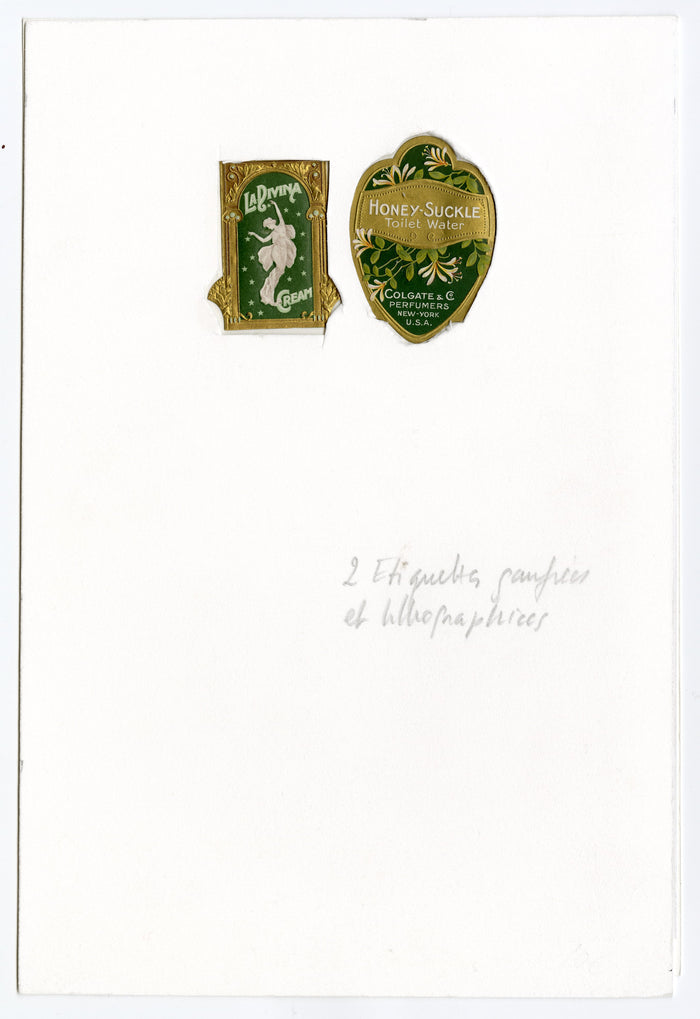 Two Antique Cosmetic Labels, La Divina Cream & Honey-Suckle Toilet Soap Label