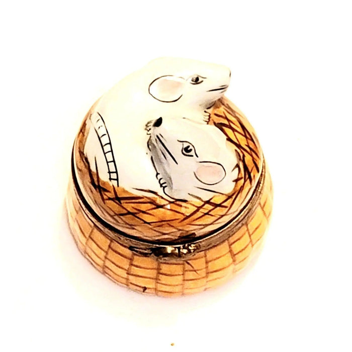 Charming Rats in Delicate Basket Porcelain Limoges rabbit mice bunny French Trinket Box