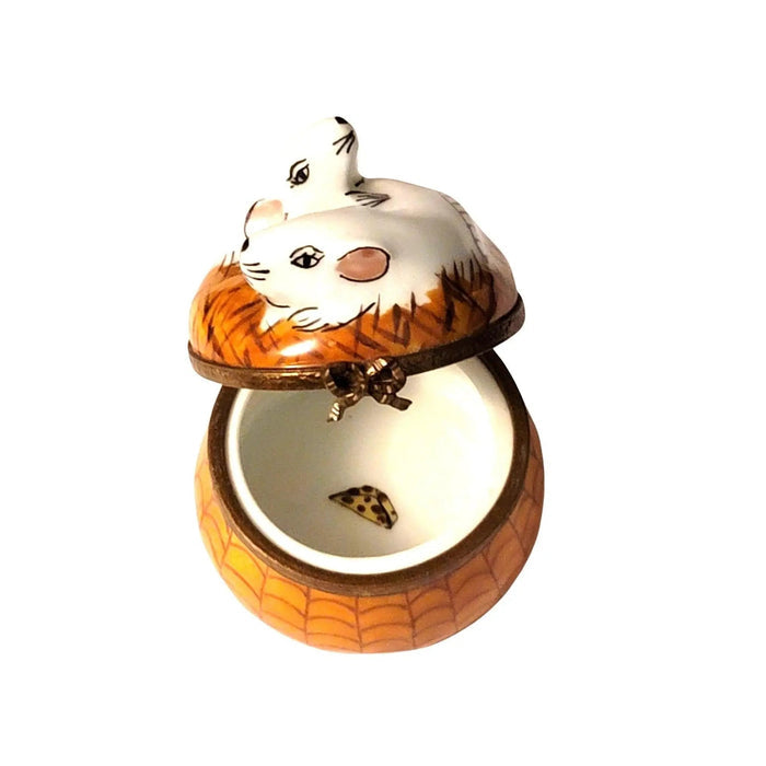 Charming Rats in Delicate Basket Porcelain Limoges rabbit mice bunny French Trinket Box