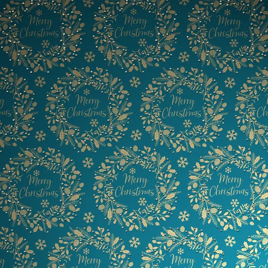 Uniqueco Bio Glitter FSCM Luxe Gold Wreaths on Teal Gift Wrap