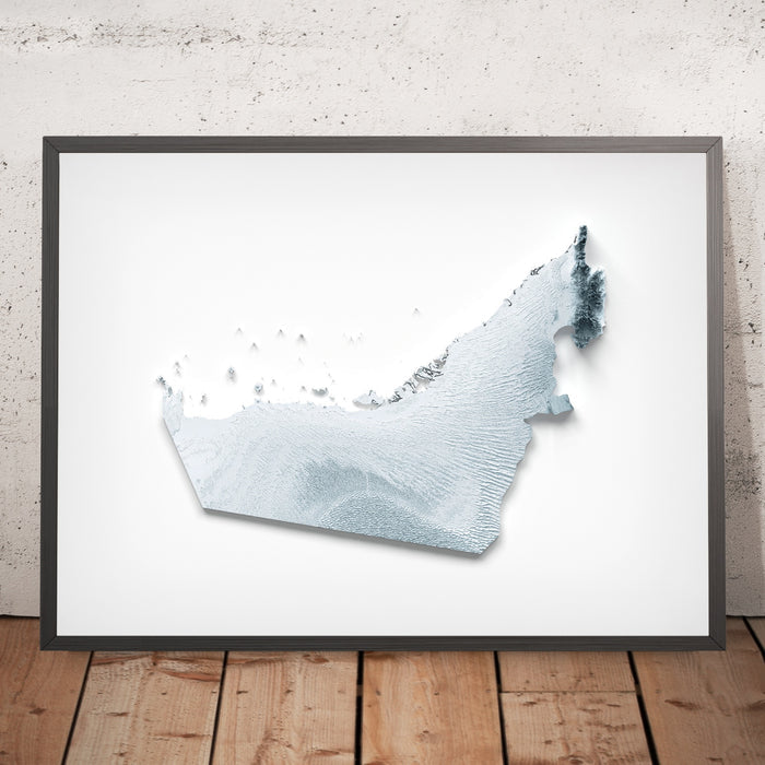 A framed image of a 3D style topographic relief map ofUnited Arab Emirates