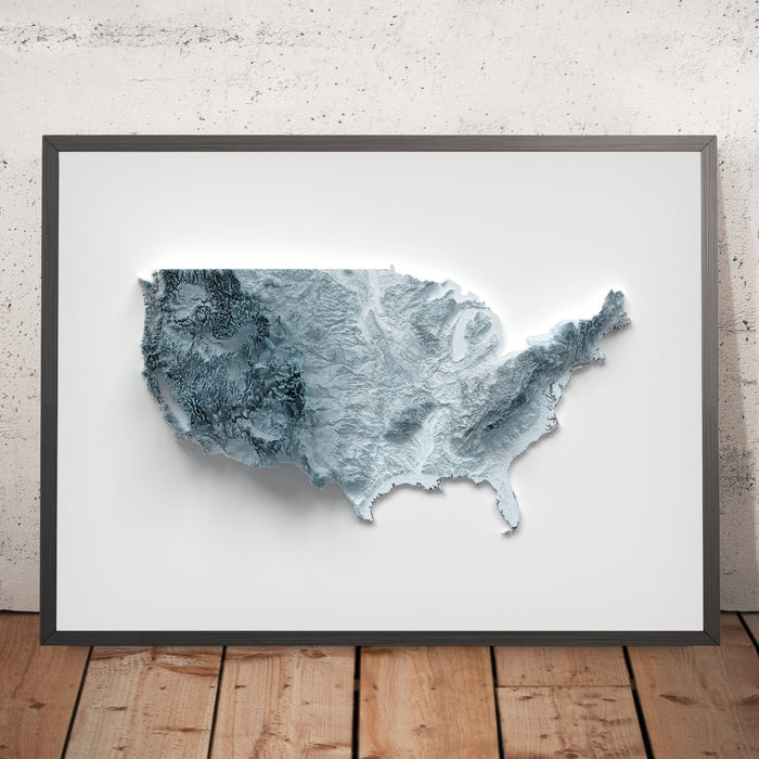 A framed image of a 3D style topographic relief map ofUnited States